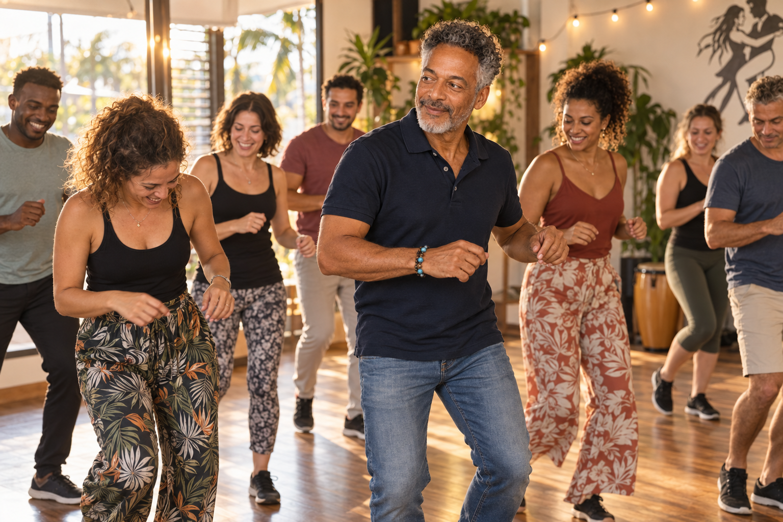 Scène illustrée : Niko et un groupe d’adultes découvrant les pas de bachata